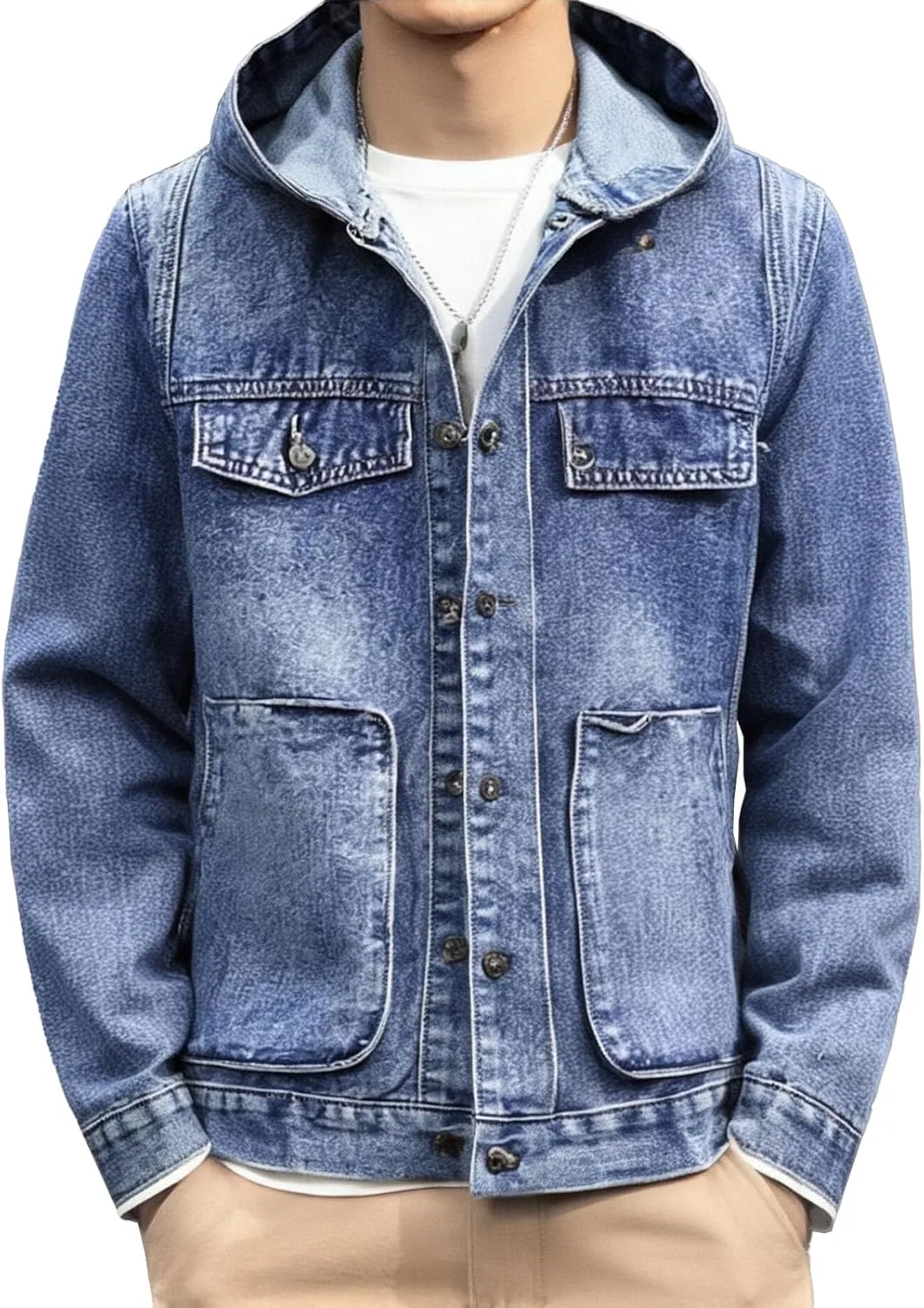 Мужская худи джинсовая куртка casual slim fit джинсовка модная с длинным рукавом в стиле тракер верхняя одежда Generic, светло-голубой — фото 2