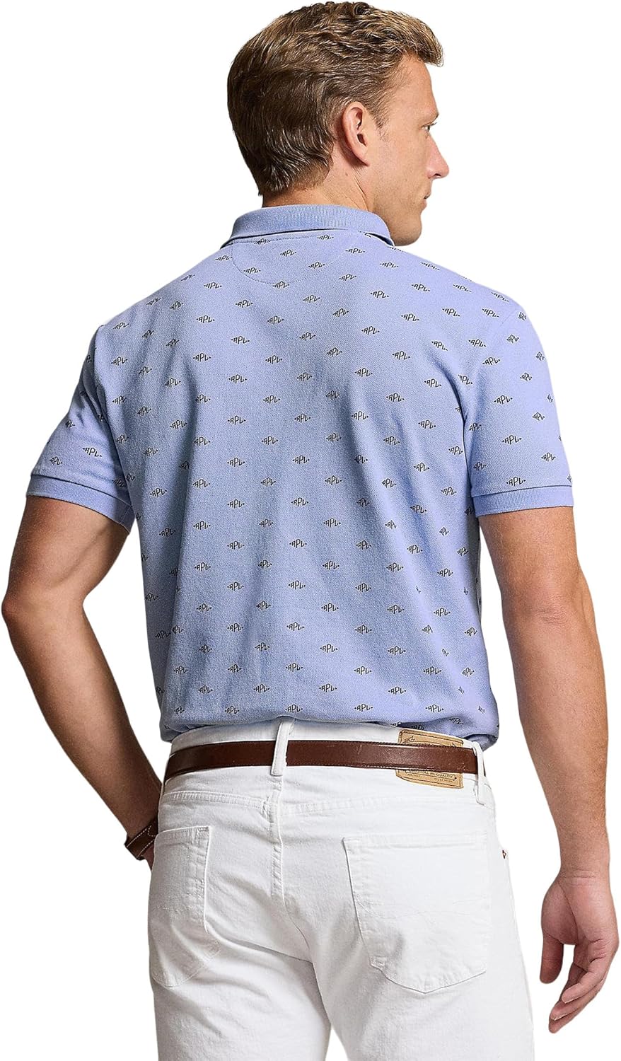 POLO RALPH LAUREN Мужская классическая футболка-поло с монограммой и эластичной тканью, Pearl Deco/Dress Shirt Blue — фото 2