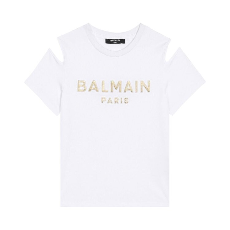

Футболка Balmain Kids Logo Printed Cold Shoulder T-Shirt, белый