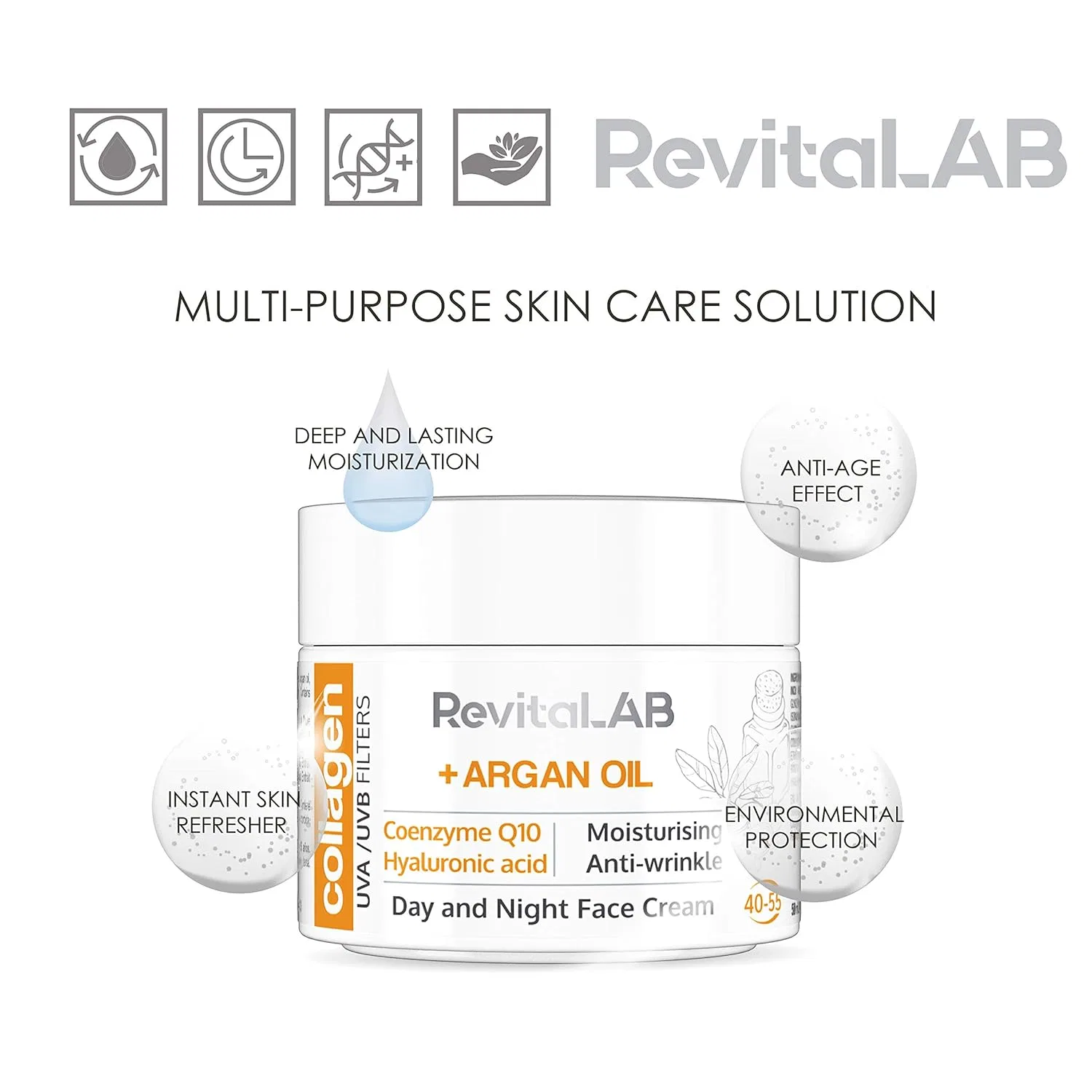 Крем для лица Revitalab — Антивозрастной дневной и ночной увлажняющий с коллагеном, гиалуроновой кислотой и Q10 — фото 3