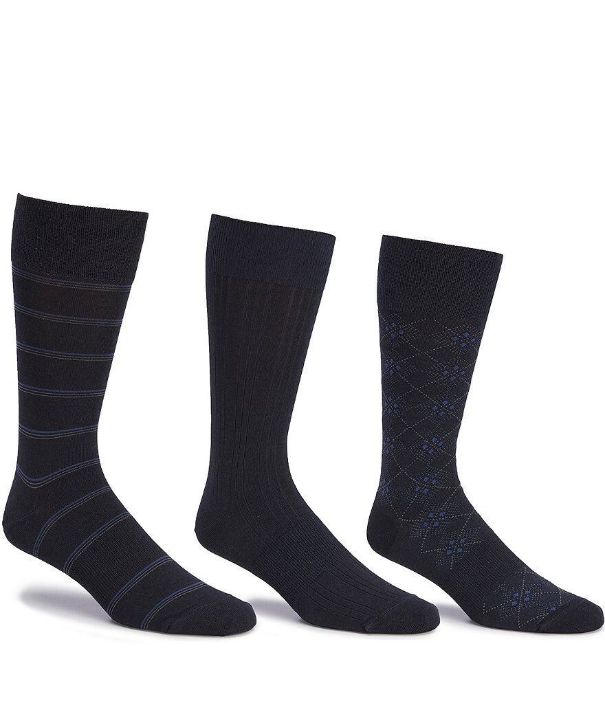 

Набор из 3 носков с круглым вырезом Gold Label Roundtree & Yorke Big & Tall Assorted Argyle, однотонные, в полоску, синий