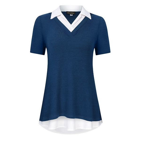 

Женская рабочая рубашка с коротким рукавом и V-образным вырезом, цветной блок Yesfashion, Dark Blue