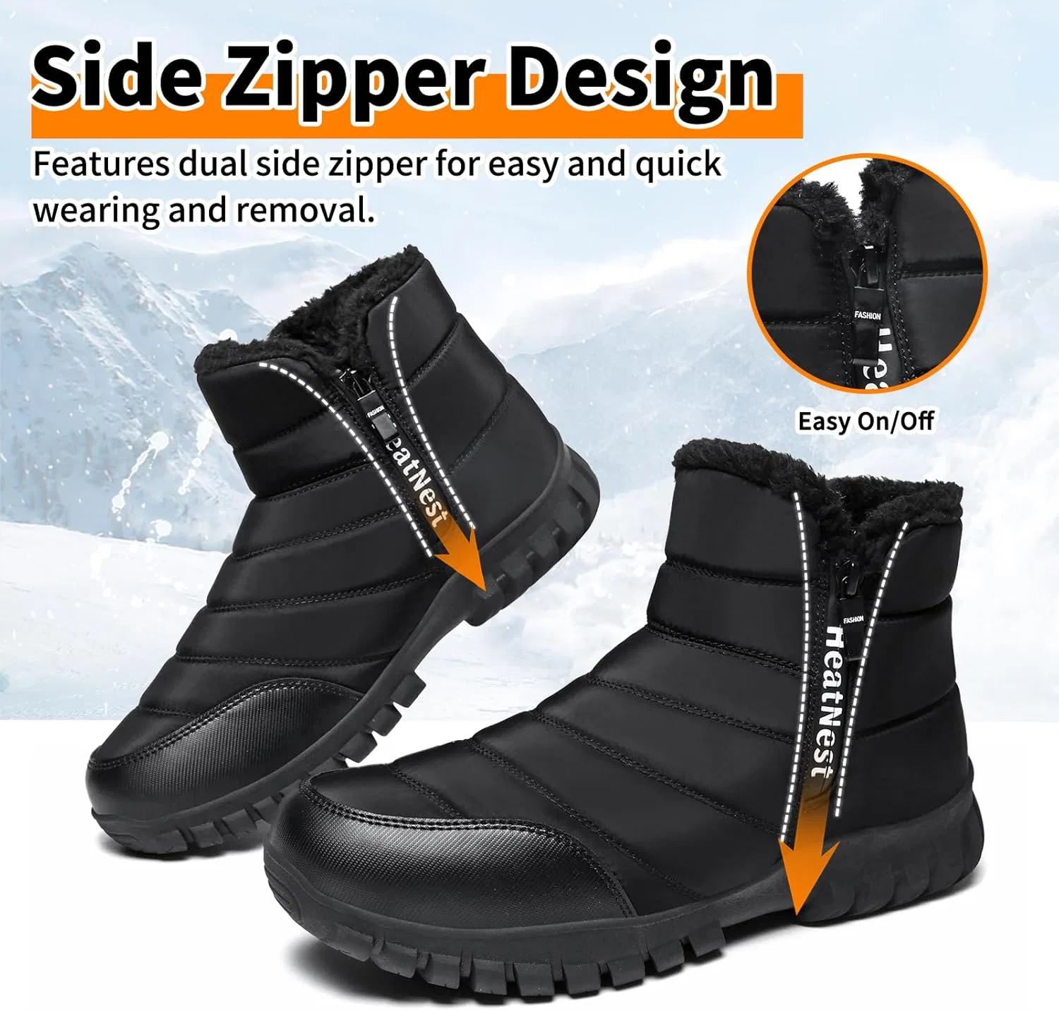 Ботинки Hanani Herren Winter-Schneestiefel mit Kunstfellfutter, wasserdicht, rutschfest, mit seitlichen Reißverschlüssen, warme Stiefel, Outdoor, leicht, Walking, Schneestiefel für Herren, Schwarz — фото 4