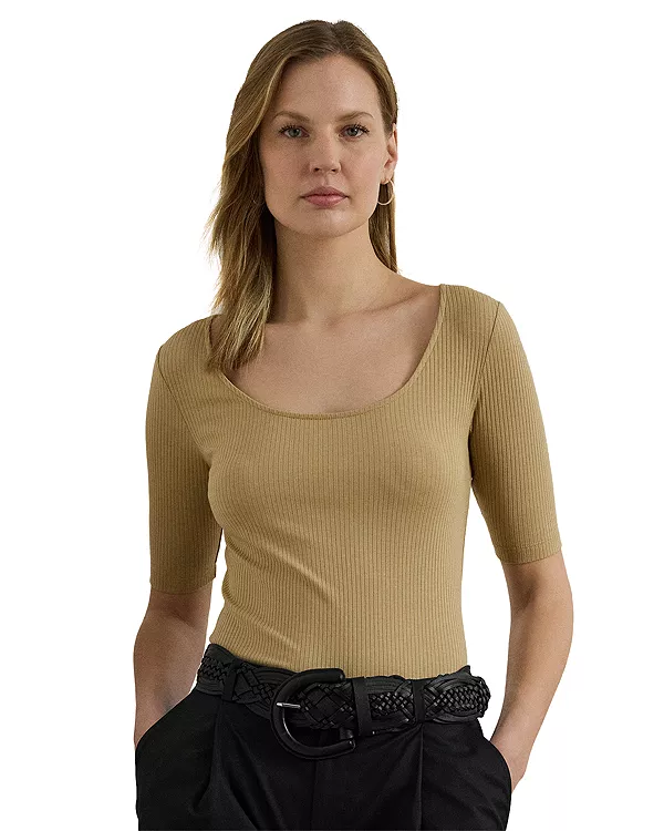 

Футболка с рукавами до локтя из хлопковой смеси в рубчик Ralph Lauren, бежевый