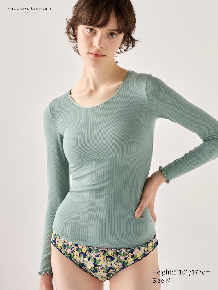 

Футболка heattech extra warm из смеси кашемира в рубчик Uniqlo, цвет 51 зеленый