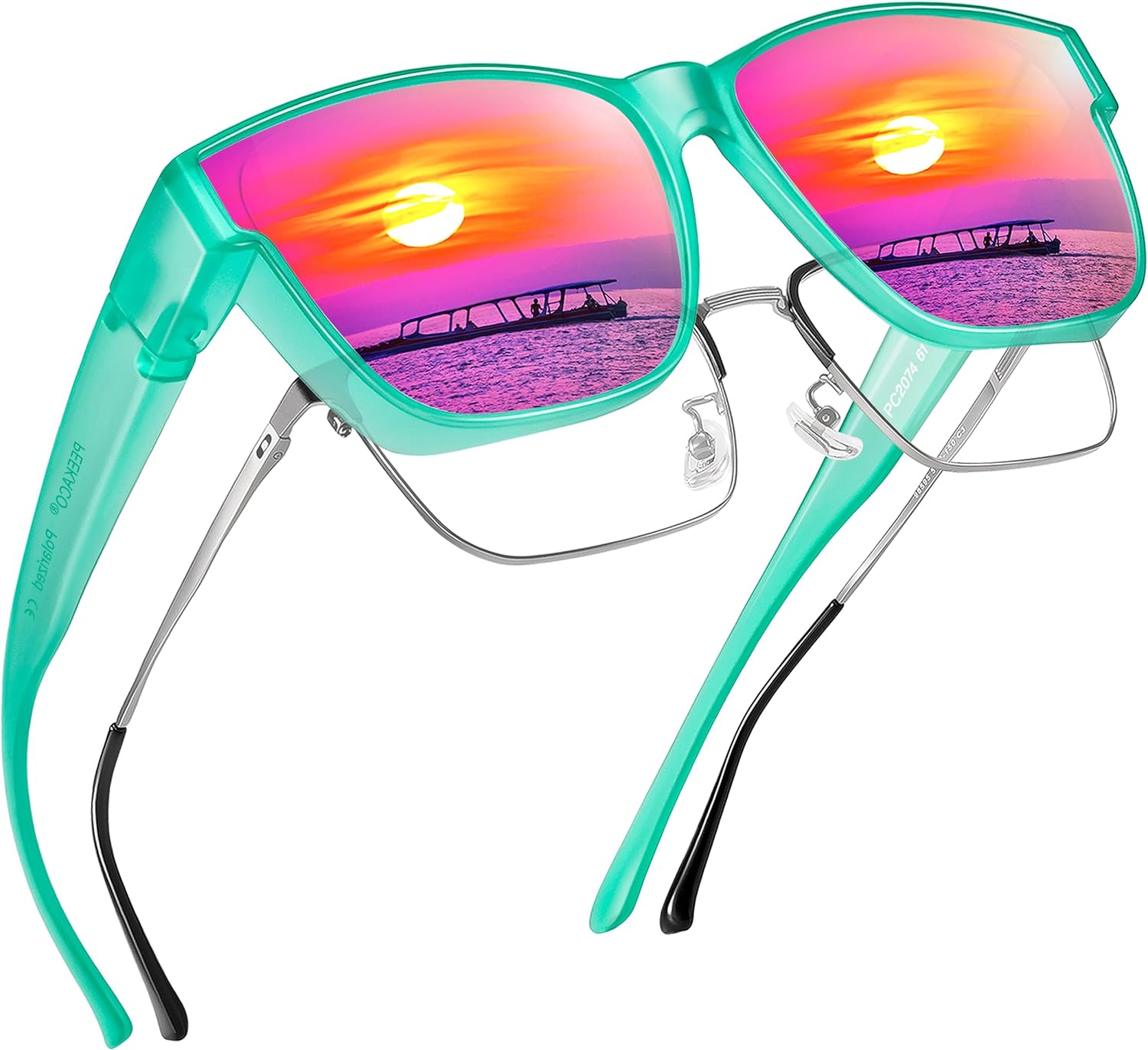 

Поляризованные солнцезащитные очки, надеваемые поверх обычных очков, для женщин и мужчин, большие квадратные летние очки с защитой от УФ-излучения UV400 Peekaco, A14 Matte Green Frame/Purple Mirrored Lens