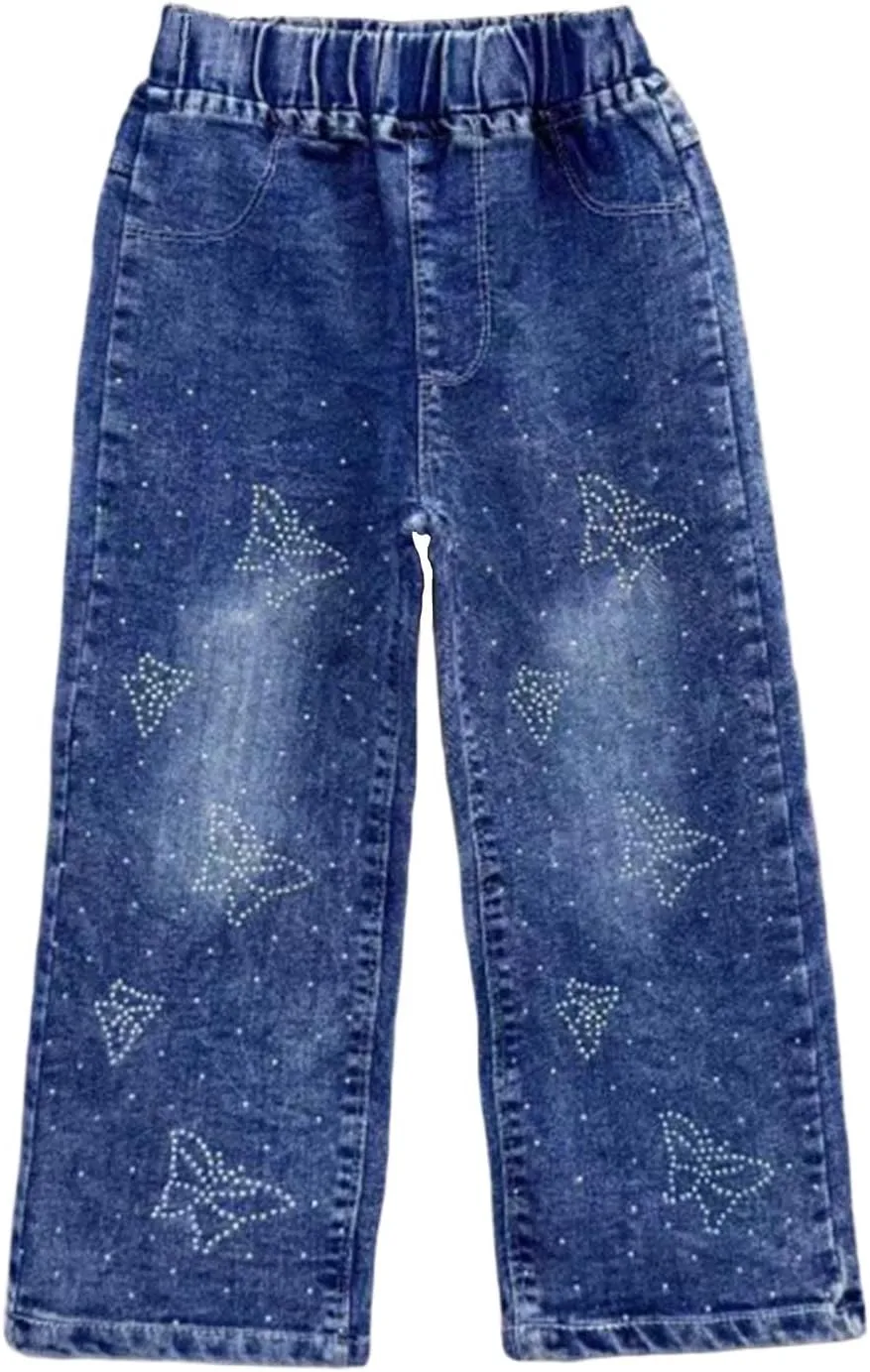 

Джинсы для девочек с эластичным поясом и прямыми широкими штанинами, милый принт с бабочками