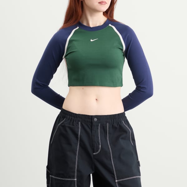 Укороченный топ с длинным рукавом Nsw Nike, fir & midnight темно-синий & chalk & chalk — фото 2