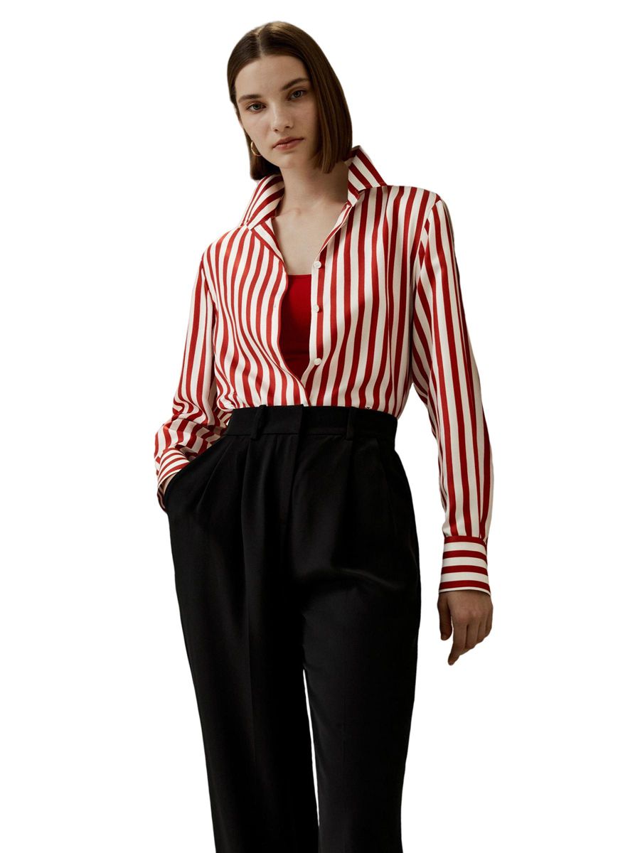 

Классическая женская шелковая рубашка в полоску LILYSILK, Red white stripes