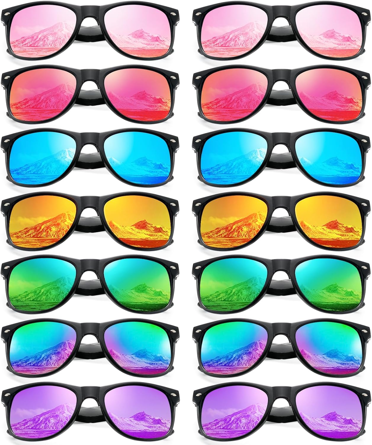 

Pibupibu, оптовая продажа 14 неоновых солнцезащитных очков, ретро-очки в стиле 80-х с зеркальными линзами для взрослых, сувениры для вечеринок, 14 Black Frame Mirrored