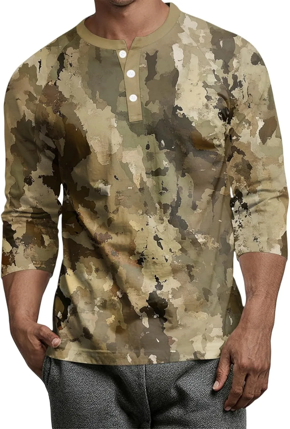 

WENKOMG1 мужская футболка с камуфляжным принтом, 3/4 рукава, crew neck, S-3XL