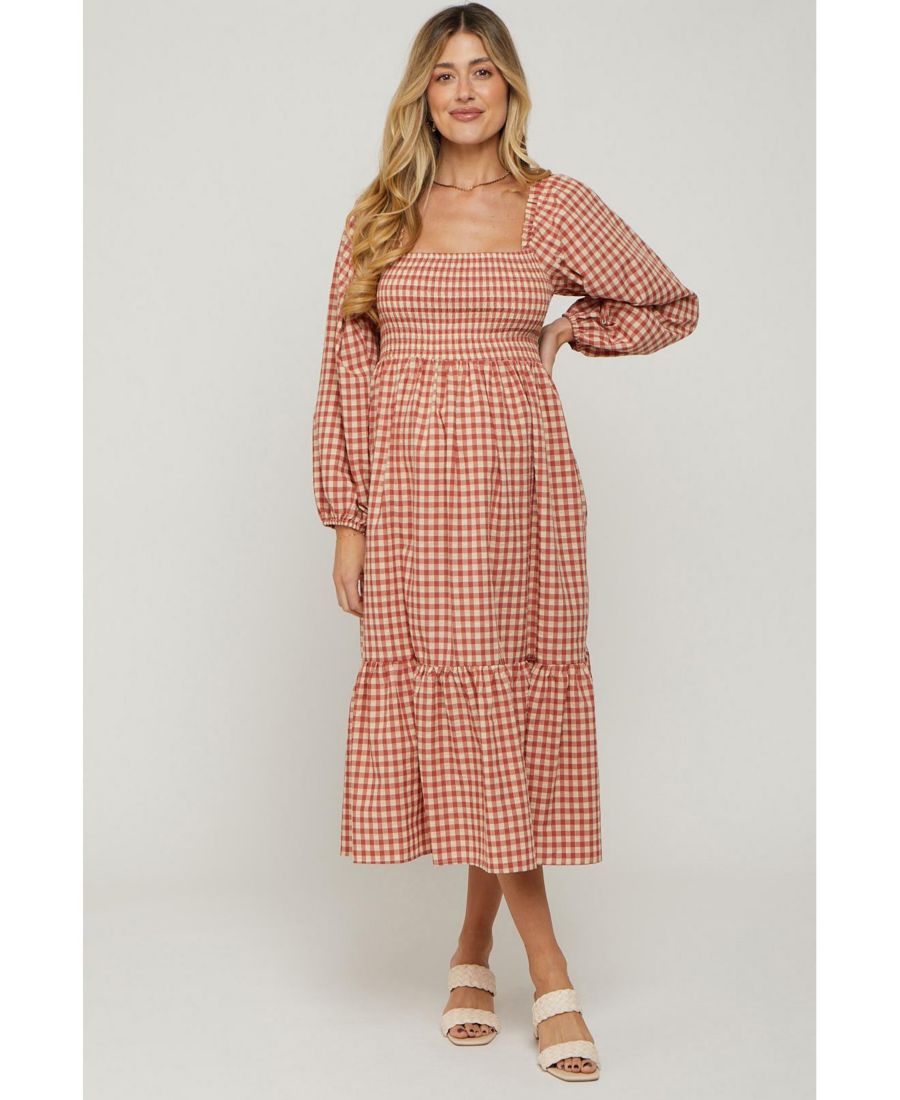 

Платье-миди для беременных в ржаво-коричневую клетку с длинными рукавами Pinkblush, Red