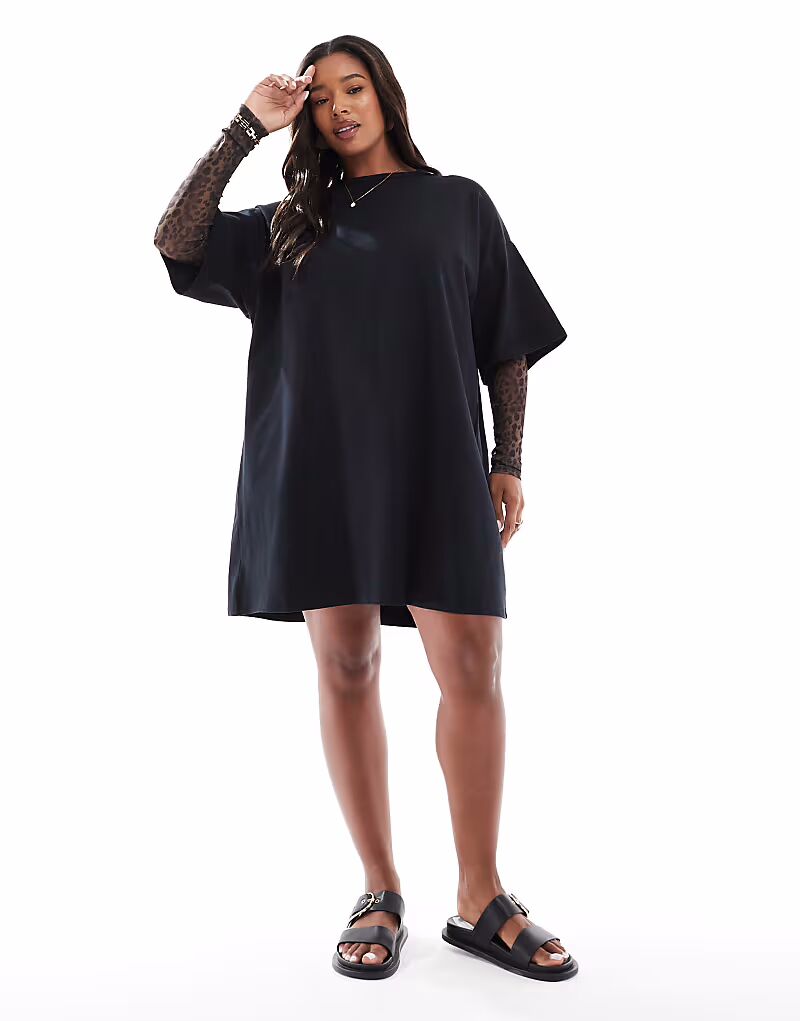

Футболка-мини-платье ASOS DESIGN Curve с сетчатыми рукавами с леопардовым принтом ASOS Curve