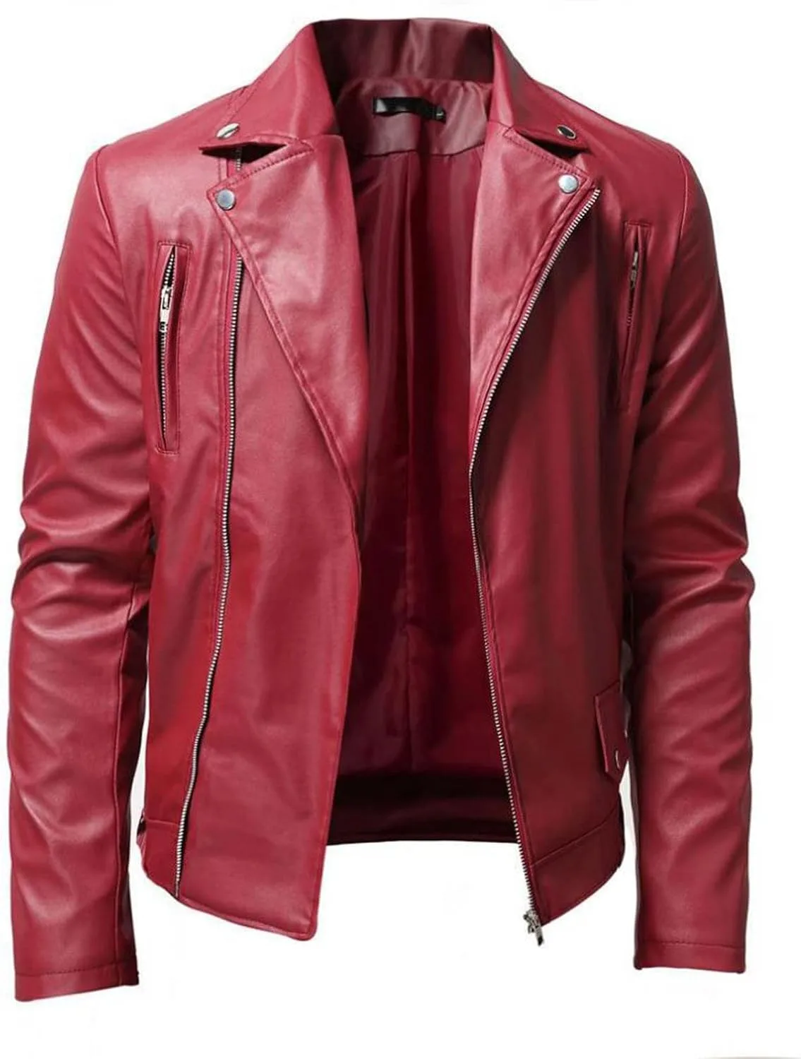 Кожаная куртка для мужчин, Faux Bomber Jacket, мотоциклетная куртка с лацканом-вырезом, Moto Biker Coat, застежка-молния, бомбер, верхняя одежда Generic, красный — фото 2