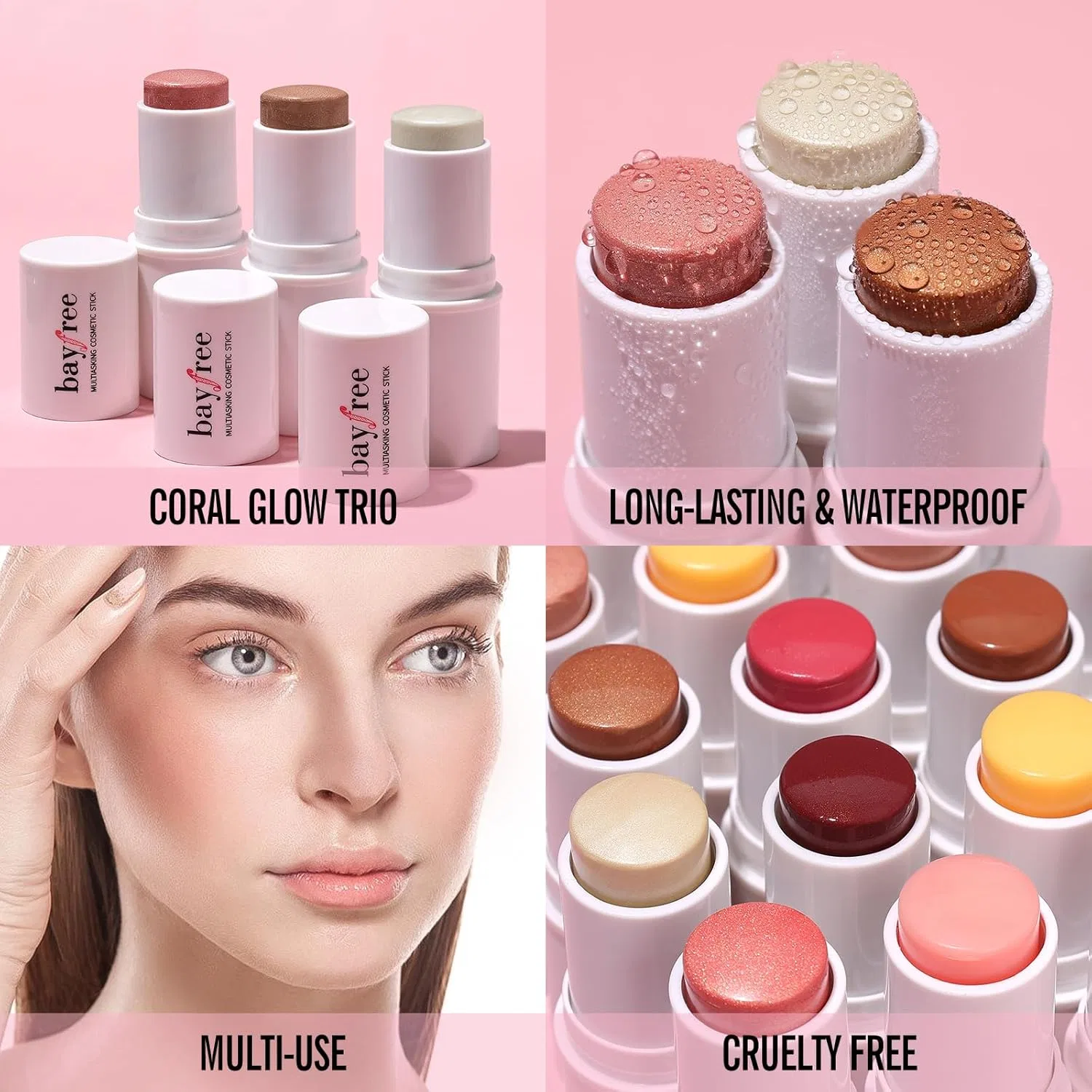 Многофункциональный стик KIMUSE Cream Blush Stick для румян, хайлайтера и контуринга Kimuse, Coral Glow Trio — фото 2