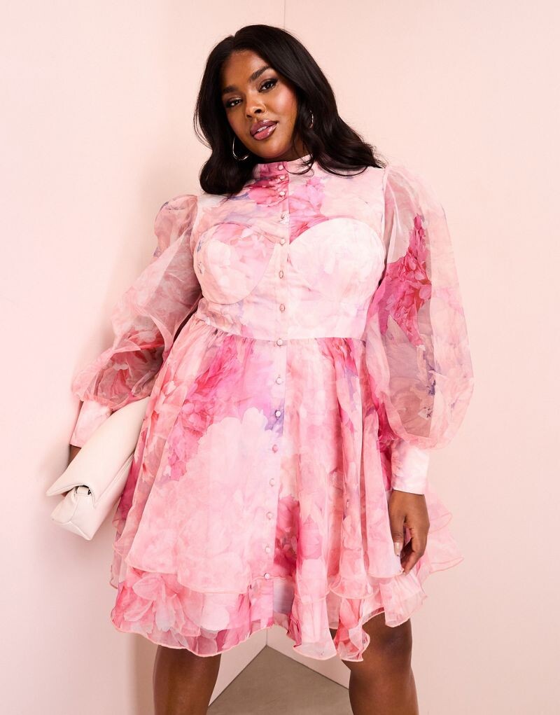 

Свободное платье из органзы с цветочным принтом ASOS LUXE Curve