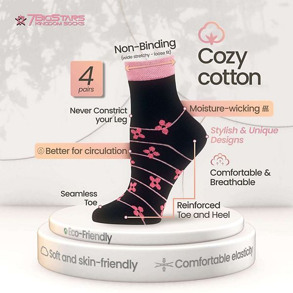 

Женские хлопковые носки для диабетиков, 4 пары, extra wide, мягкие бесшовные, с узором и однотонные, дышащие 7Bigstars Kingdom, Dark Navy Denim Salmon