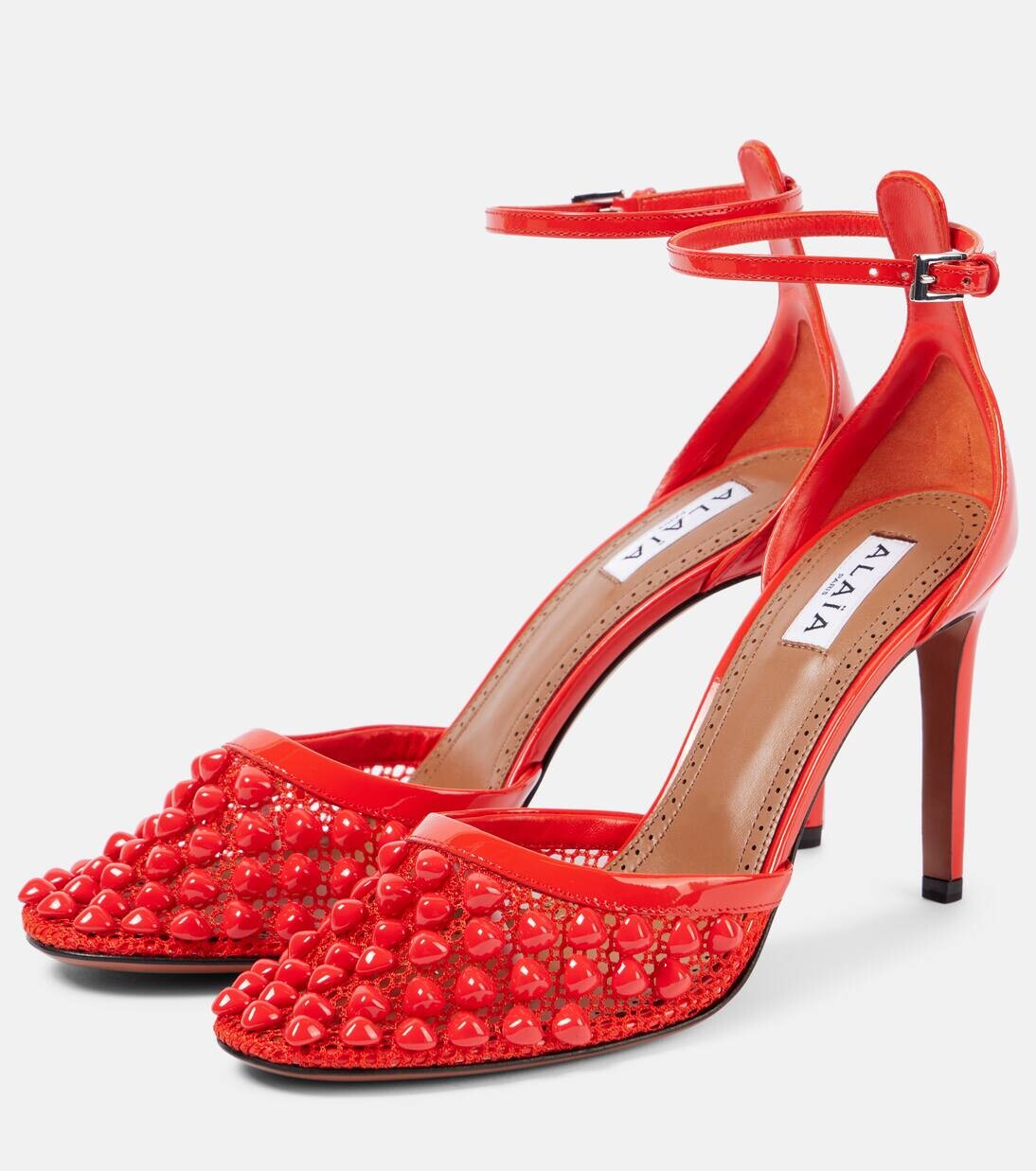 Туфли из кожи и сетки с заклепками Alaïa, цвет orange sunguine — фото 4