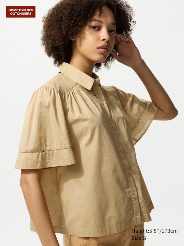 

Хлопковая блузка с коротким рукавом Uniqlo, 32 beige