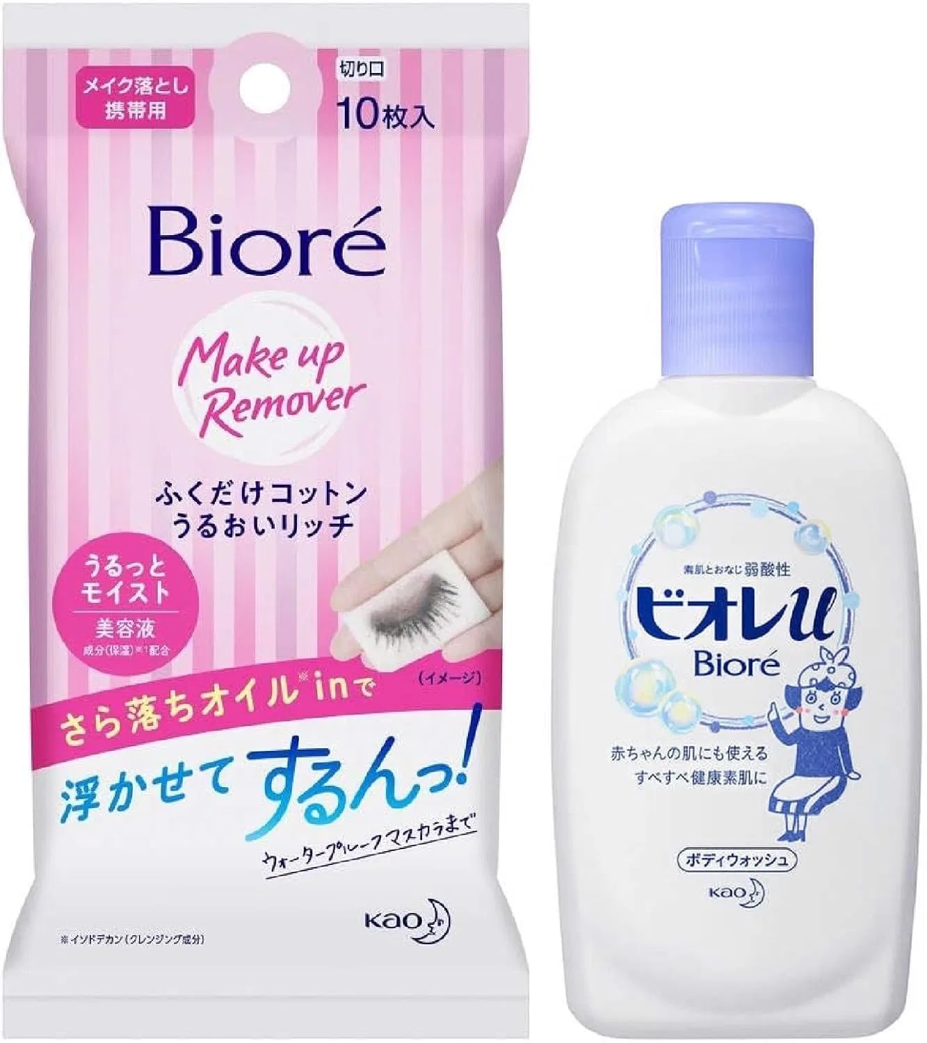 Набор Bioré — Biore Fluffy Cotton увлажняющее портативное, набор 10 шт + гель для душа Bioreu мини 90 мл