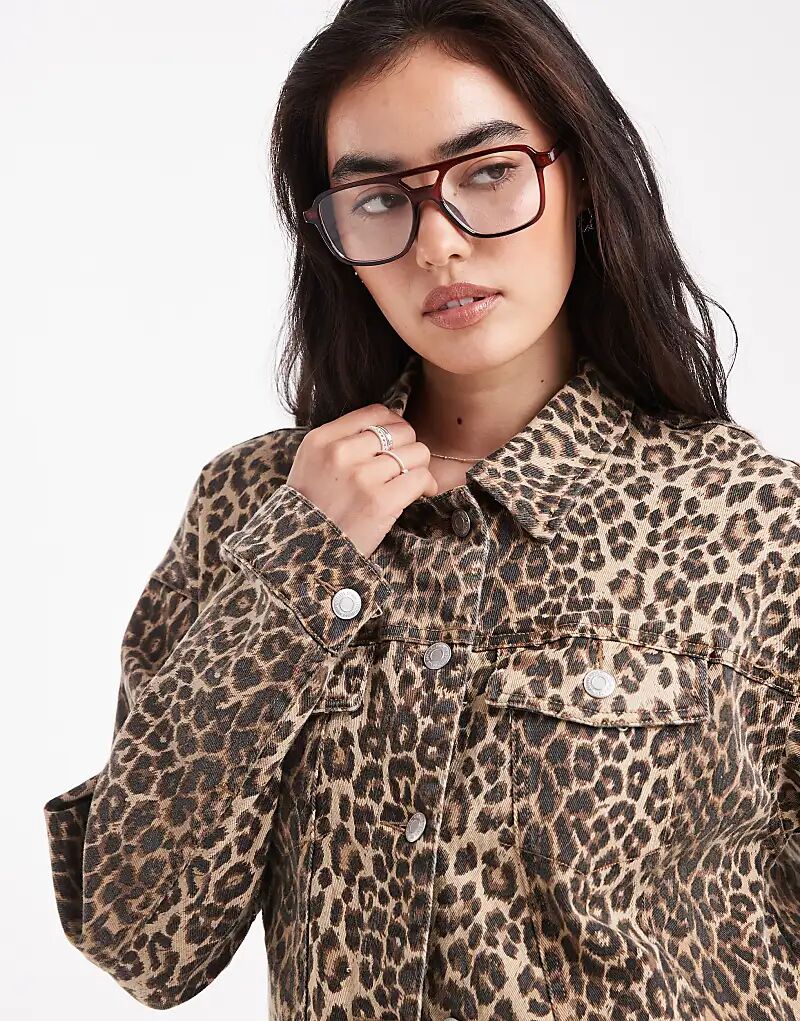 

Джинсовая куртка Vero Moda свободного кроя с леопардовым принтом, Коричневый, Джинсовая куртка Vero Moda свободного кроя с леопардовым принтом