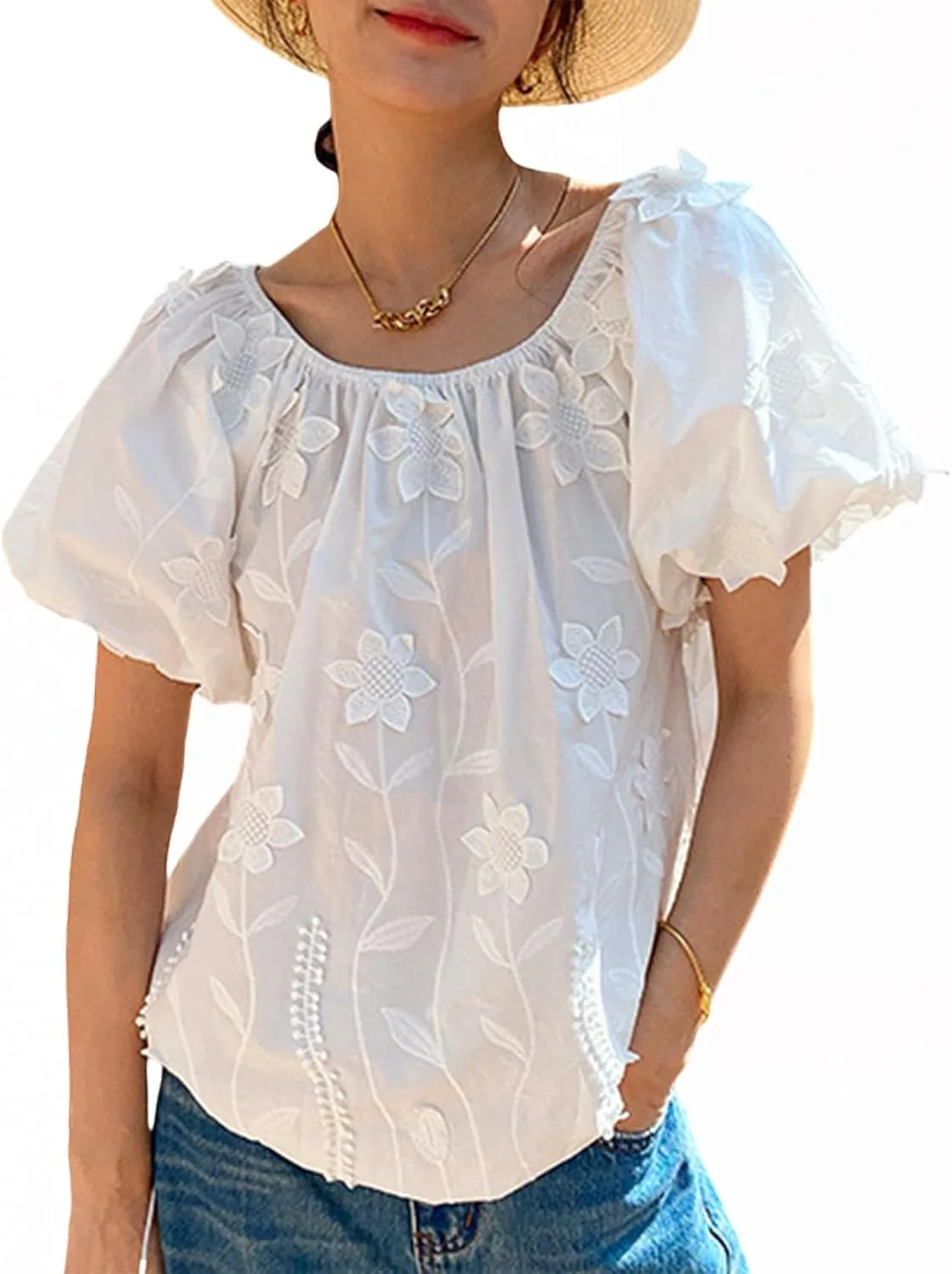 

Женская летняя футболка с буфами и вышивкой 3D цветок HGKPFGTF