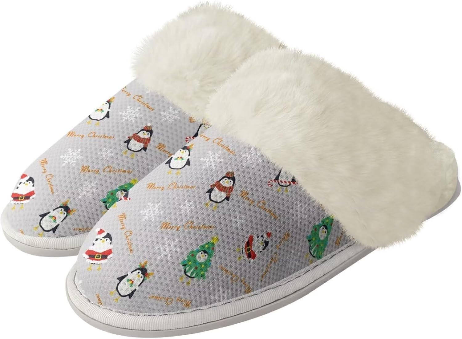 

Рождественские дизайнерские хлопковые тапочки для женщин и мужчин с противоскользящей подошвой для дома и улицы, удобные домашние тапочки, пушистые тапочки Zhangruoheng, Christmas Penguin Print