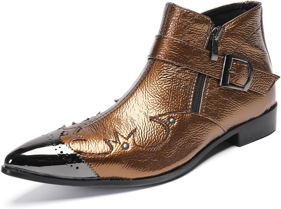 

Мужские ботинки-ковбойки Dacnakby до щиколотки, повседневные челси, ручной работы из натуральной кожи, с металлическим острым носком, молнией и пряжкой, для выпускного, свадьбы, вечеринки, диско, для певцов, в западном стиле, золотой