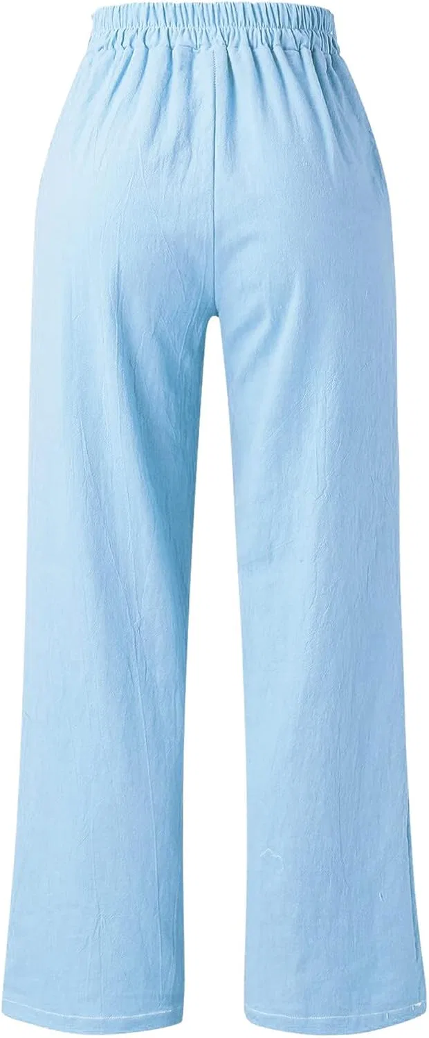 Широкие брюки женские с высокой талией, хлопок и лен, Light Blue — фото 3