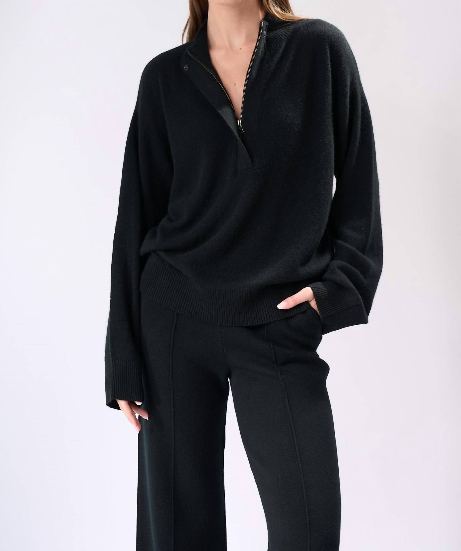 

Кашемировый свитер с застежкой-молнией на четверть оборота, черный Cashmere Clouds, черный
