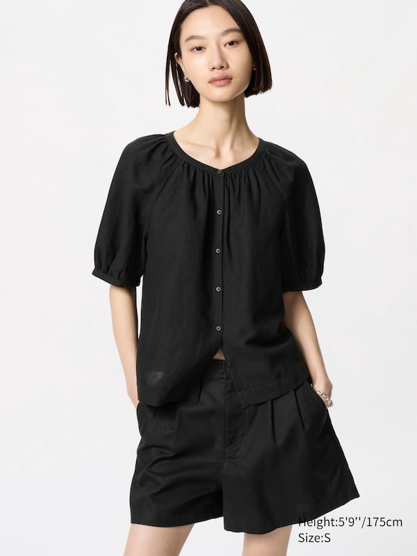 

Блузка из льняной смеси, объемная (короткий рукав) Uniqlo, черный