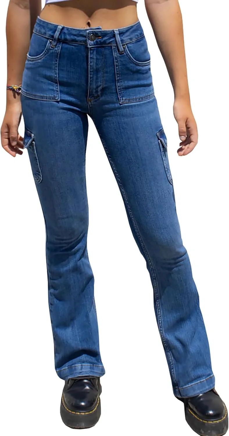 

Женские джинсы карго с расклешенным низом, 6 карманов, эластичные TheyLook