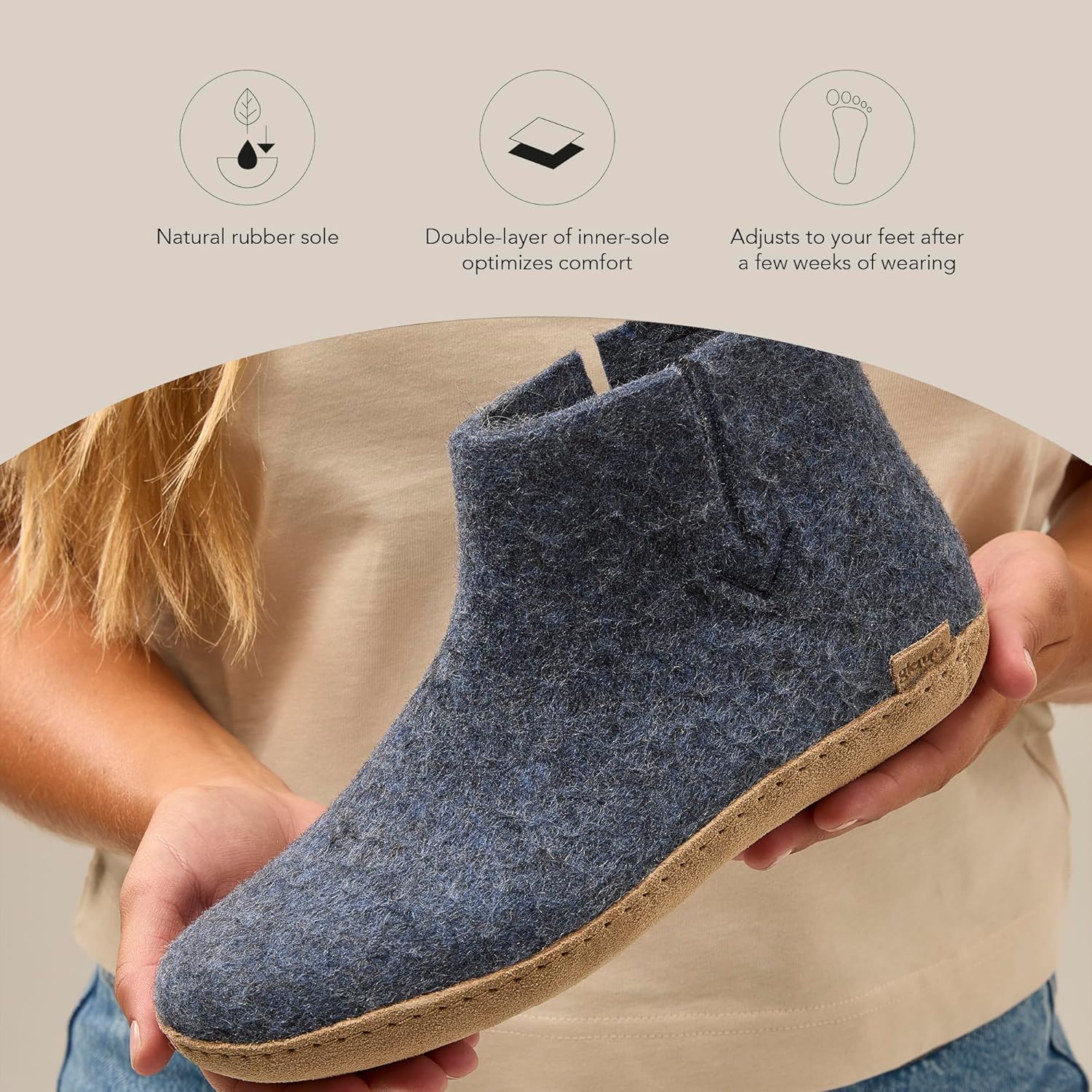 Домашние тапочки Glerups из 100 шерсти с кожаной подошвой - Унисекс, Denim — фото 3