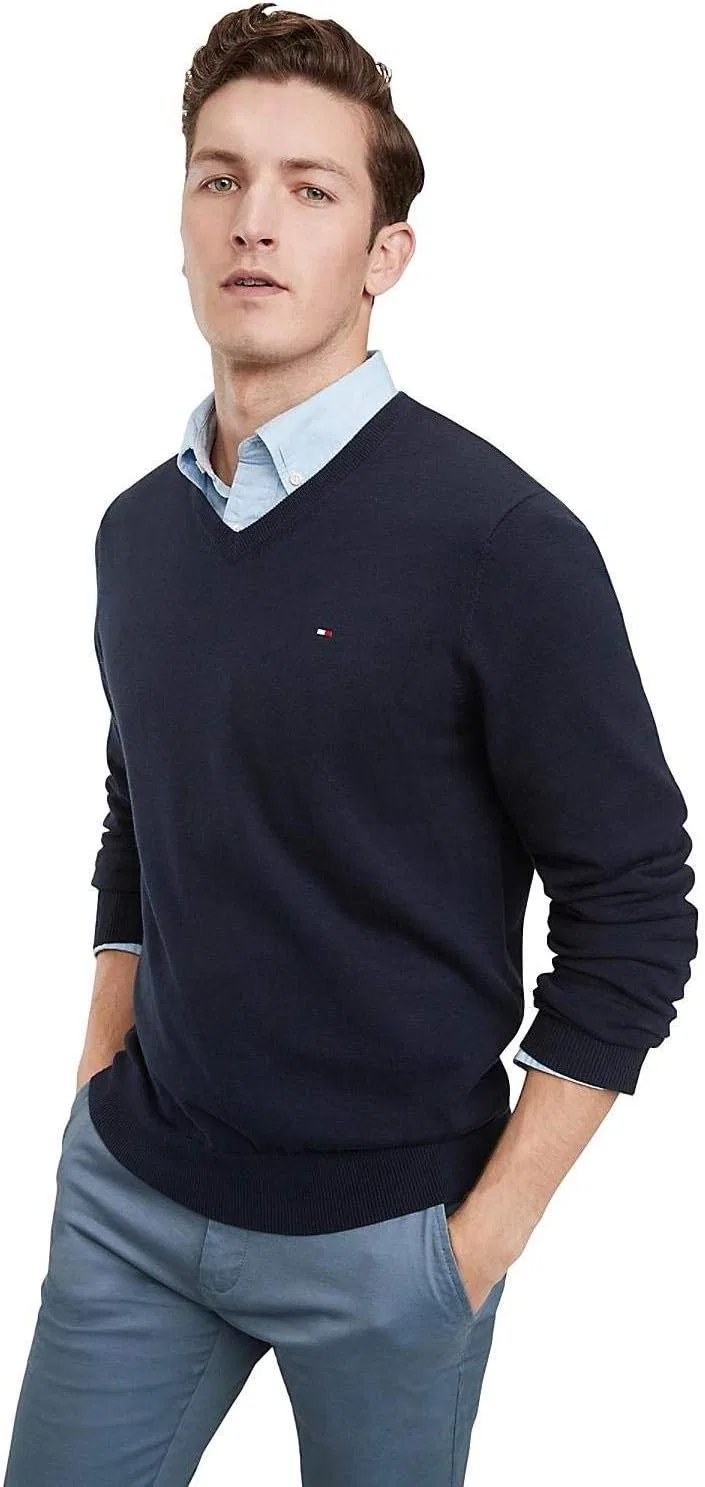 Tommy Hilfiger мужской хлопковый свитер с V-образным вырезом, Navy
