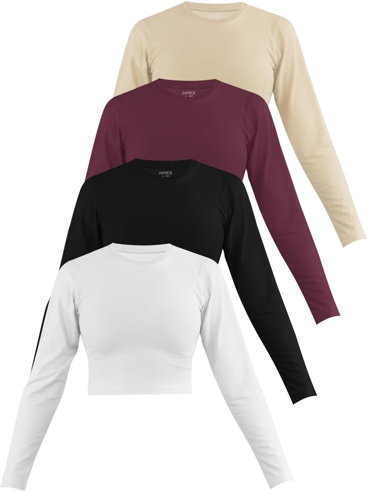 

Лонгслив Janice 4 x Damen crop Langarmshirt hochgeschlossen Noia, цвет Weiß/Schwarz/Burgund/Beige