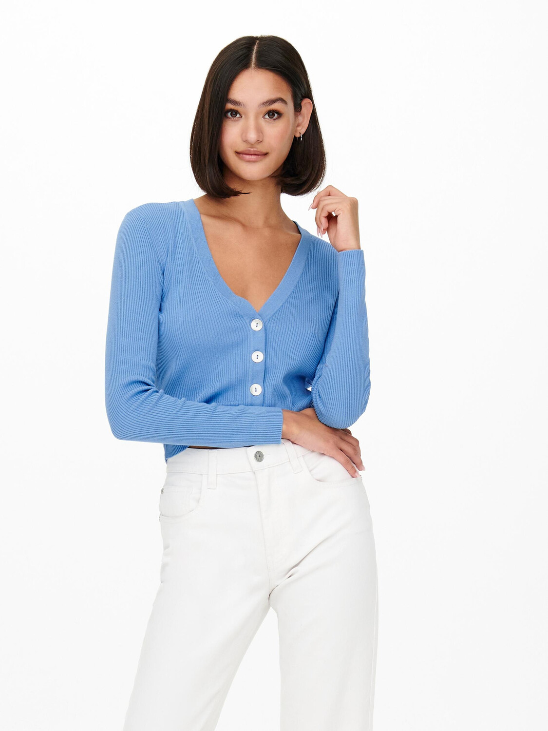 

Кардиган JACQUELINE de YONG Kurze Dünne Langarm Strickjacke V Neck Basic JDYDONNEL, цвет Babyblau
