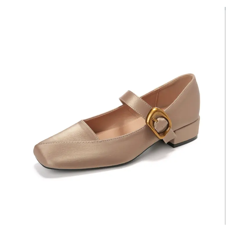 QITUMAUL Туфли Мэри Джейн на массивном каблуке женские - шампань, цвет Champagne[Heel Height 3cm]