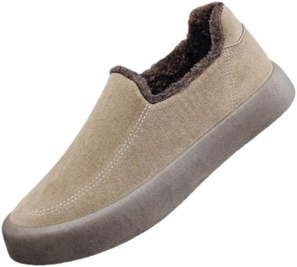 

Мужские мокасины без шнурков с воротником наподобие - бежевый верх, утепленные для зимы, бежево-коричневые повседневные туфли для офиса и повседневной носки, противоскользящая ПВХ подошва (без шнурков/завязок) Minlaidian