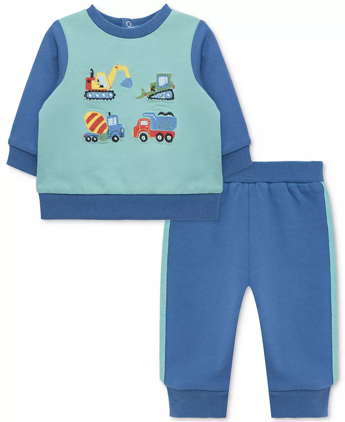 

Комплект из 2 предметов: хлопковая толстовка с принтом «Грузовики» и спортивные штаны для мальчиков Little Me, синий