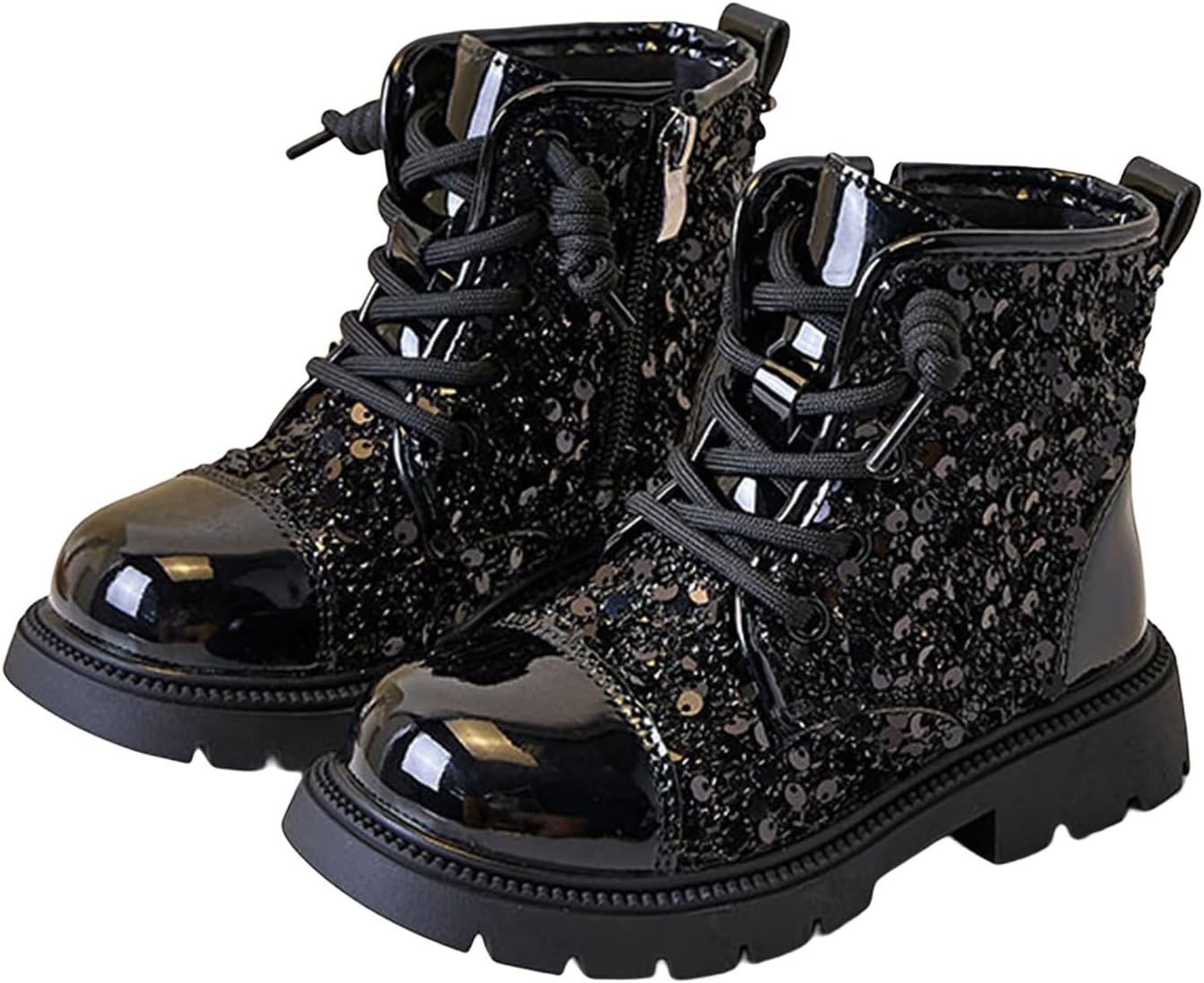 

Детские блестящие ботильоны для девочек, праздничные блестящие ботинки с низким каблуком, боковой молнией, удобные модные блестящие осенние ботинки с круглым носком для малышей и детей постарше Generic, Black