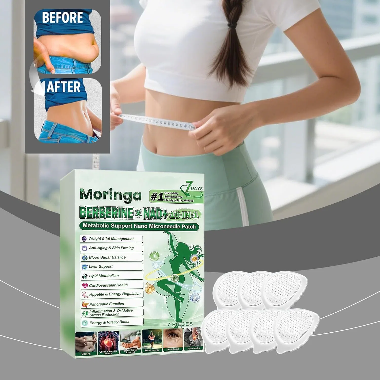 Пластыри с микроиглами Moringa x Berberine NAD+ 10-в-1 для тела (5 шт.) Generic, Nano Microneedle Plaster — фото 3