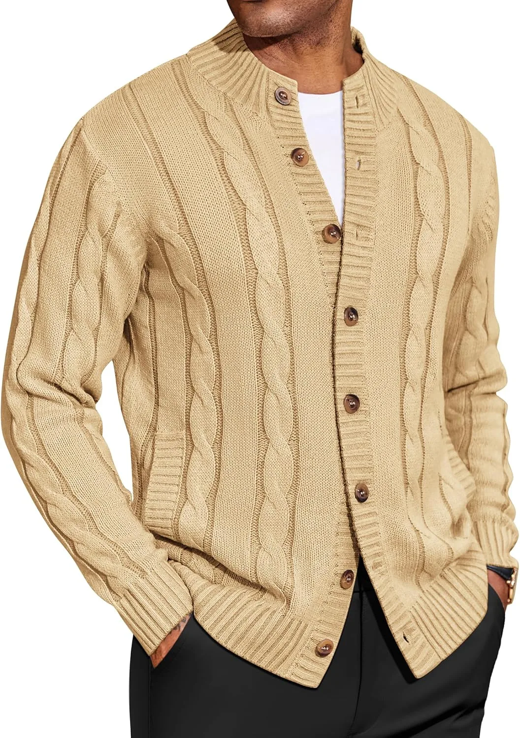 

COOFANDY мужской кардиган с воротником стойкой, кабельной вязкой и карманами