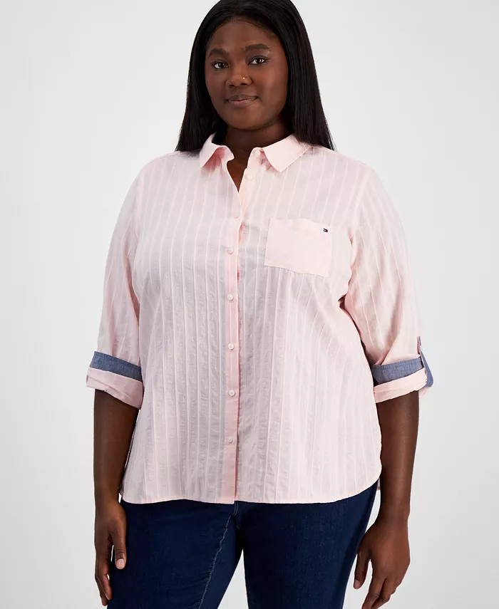 

Женская хлопковая рубашка с полосками и манжетами на пуговицах Plus Size Tommy Hilfiger, розовый