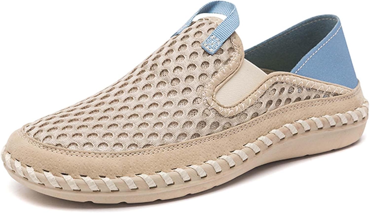 

Мужские и женские повседневные прогулочные туфли, дышащие кроссовки и лоферы из сетки, с возможностью наступать на пятку, ручная прошивка подошвы, удобные и мягкие, прочные обувь для вождения, плоская обувь Vtiao, бежевый