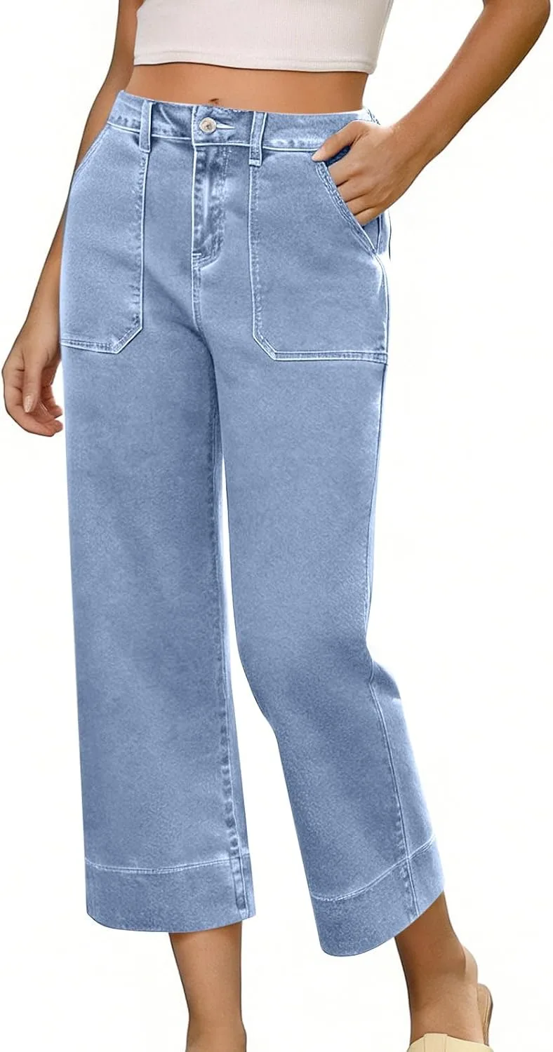 

Женские классические капри из денима с карманами, высокая талия на пуговицах, прямые укороченные брюки