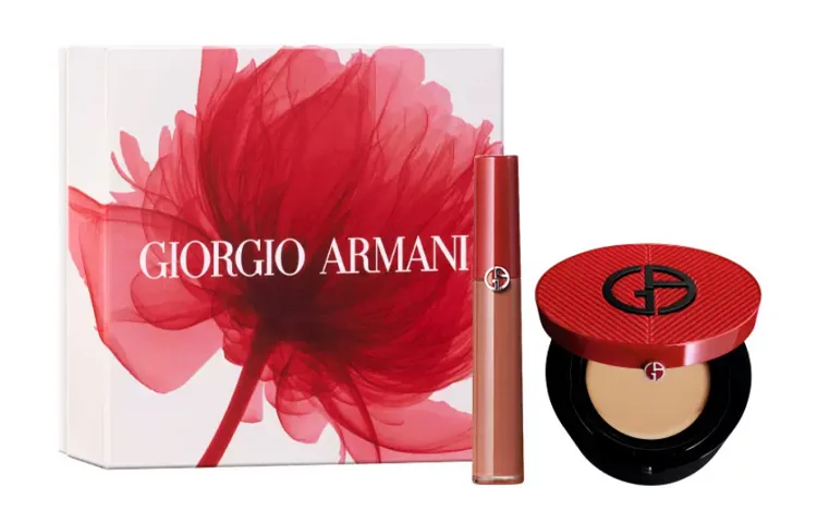 GIORGIO ARMANI Набор косметики Redtube для женщин, Red Tube Liquid Lipstick #214+Leather-Textured Cushion Foundation #2 for Fair-Skinned Skin