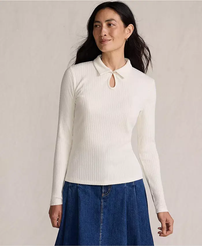 

Женская поло с длинным рукавом и ажурной резинкой у горловины Lands' End, слоновая кость/кремовый