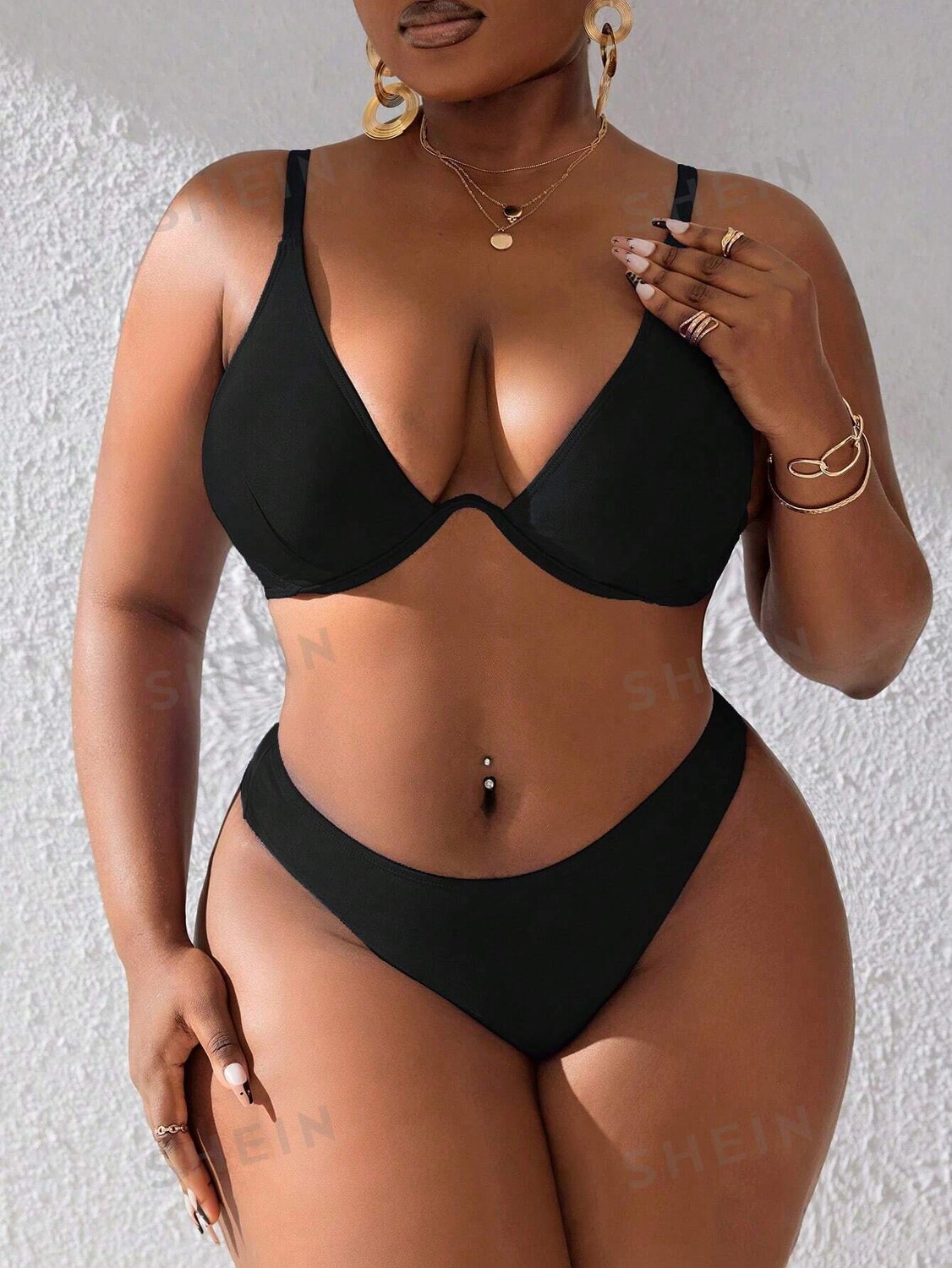 

Однотонное бикини больших размеров на косточках Swim Curve Shein, черный