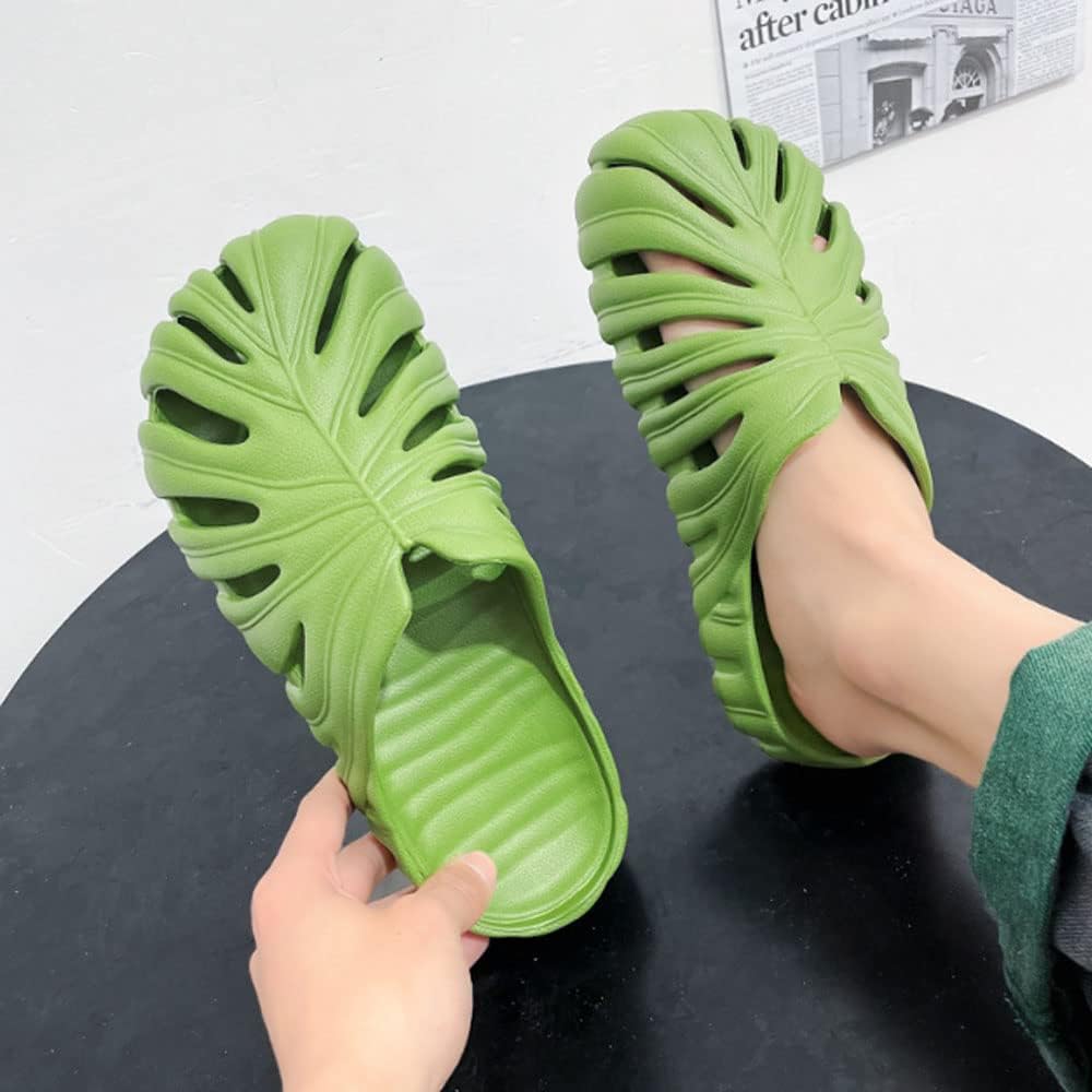 Шлепанцы QUROXO с монстерой, слайды Monstera для женщин и мужчин, мягкие домашние тапочки-подушки с монстерой, открытые шлепанцы для душа, зеленый — фото 4