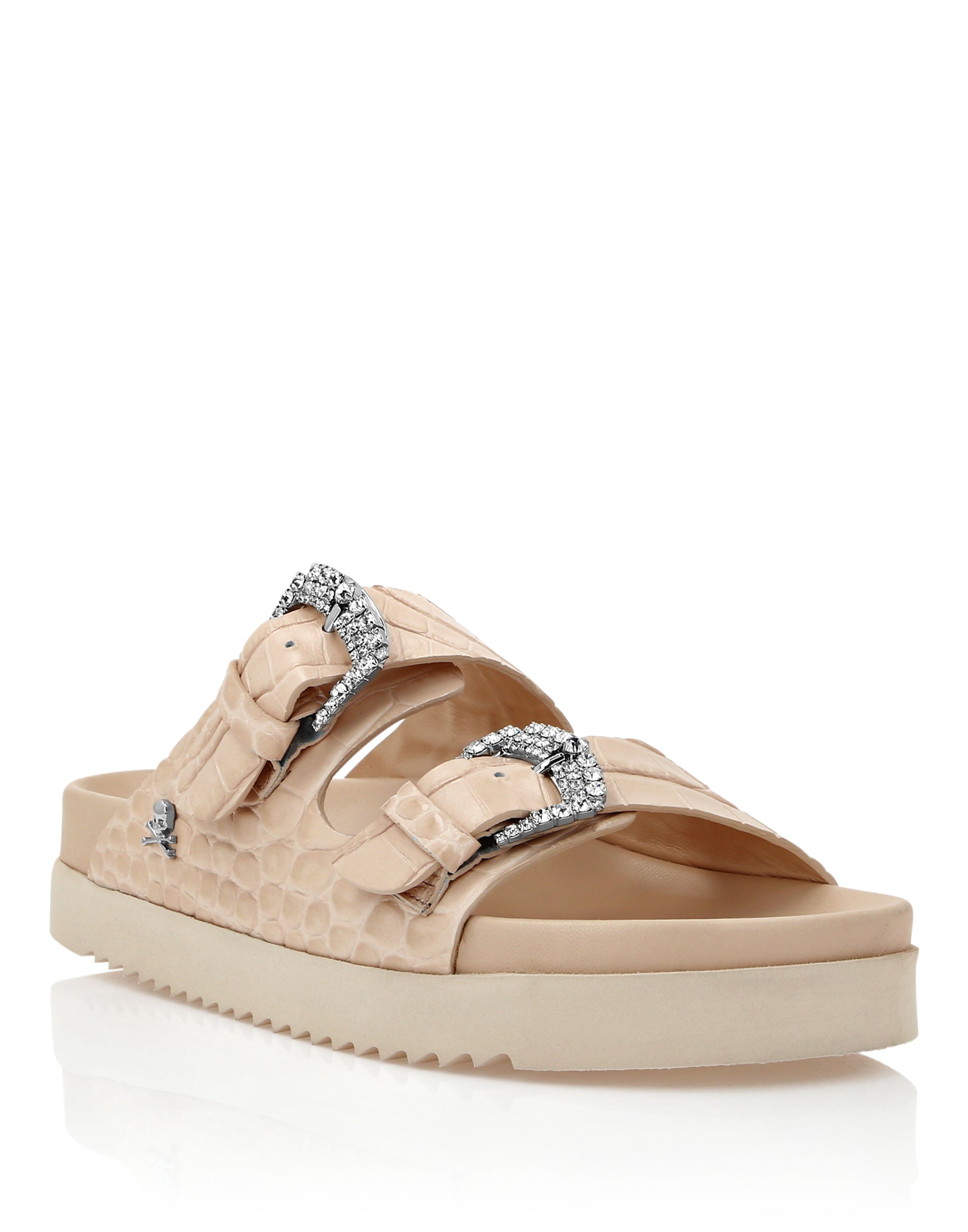 Сандалии из кожи с крокодиловым принтом Flat Crystal PHILIPP PLEIN, цвет nude pink